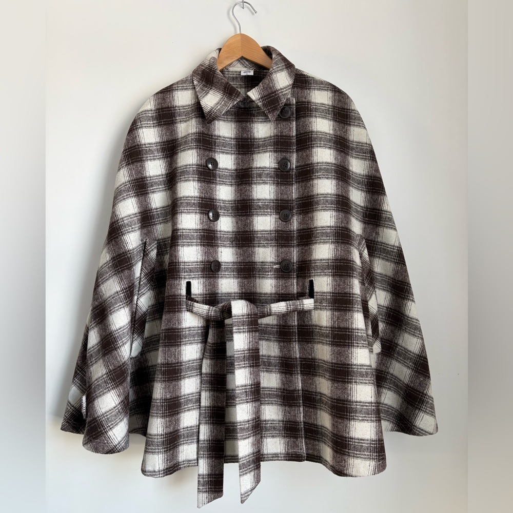 Jockey Chestnut and Ivory  Wool Blend Plaid Cape Coat